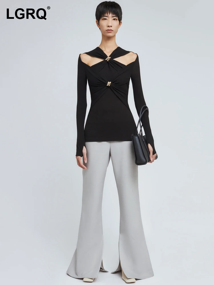 

LGRQ модный вязаный пуловер для женщин с круглым вырезом вырезами на плечах дизайнерский стрейч модный элегантный свитшот осень 2023 Новинка 13DB376H