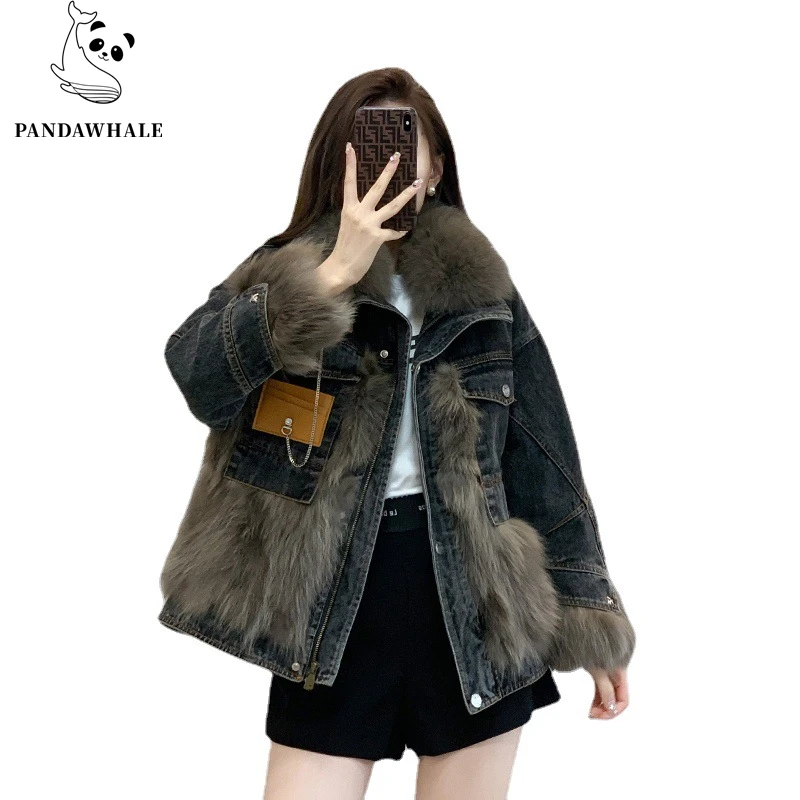 Winter Jacket Women 2022 New Fox Fur Collar Cowboy Stitching Loose Cotton Coats Famale Clothing Thick Warm Zippers Padded Parkas