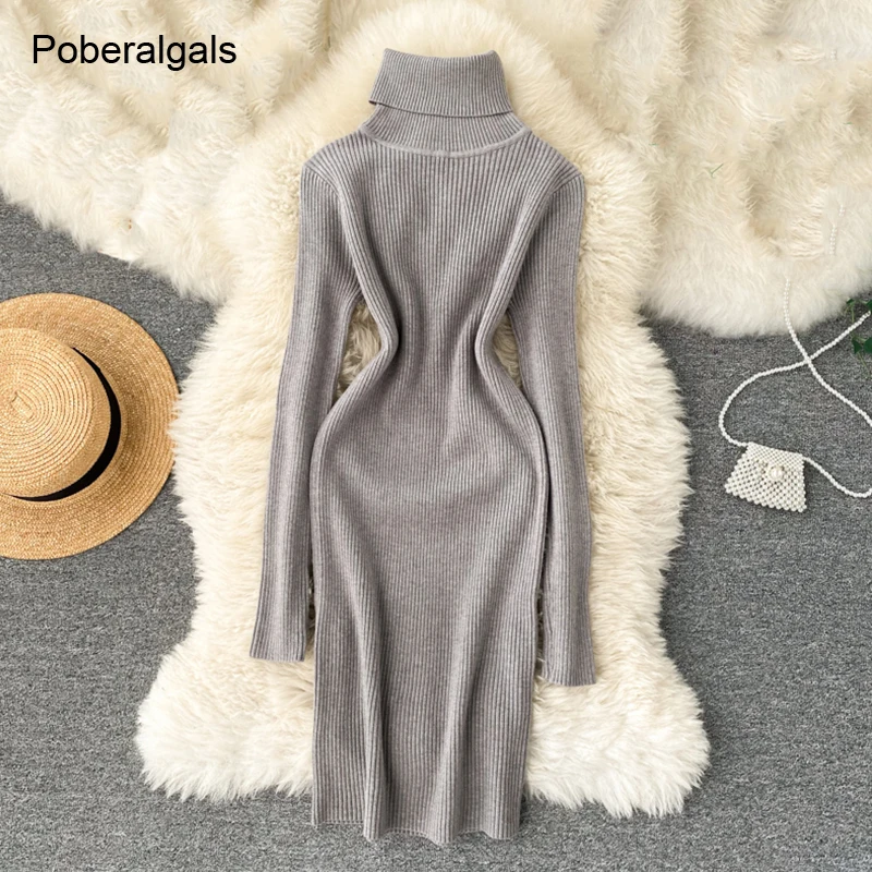 

Sweater Knit Sheath dress women winter warm Turtleneck slim long-sleeved bottoming dress womens candy color short hip knit dress