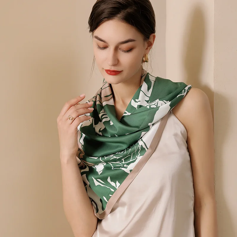 

New Imitation Real Silk Scarf Woman Flower Print Decorative Scarf Large Square Scarf Bag Silk Scarf High Quality Satin