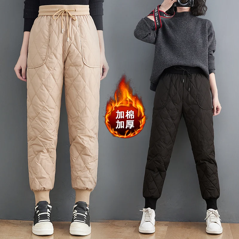 

Теплые пуховые хлопковые брюки, женские корейские модные зимние брюки с высокой талией, женские толстые повседневные брюки, уличные ветроз...