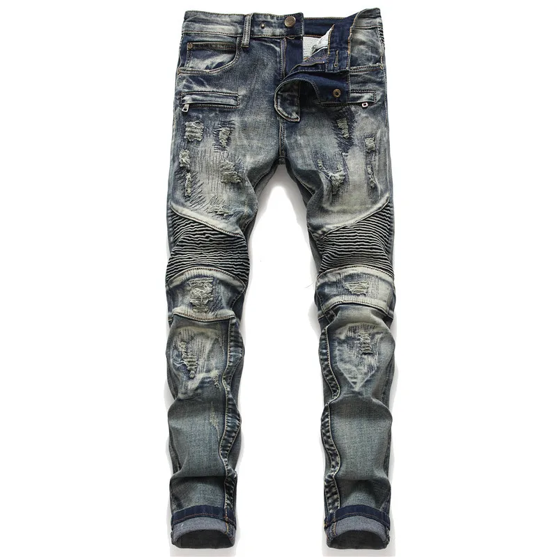 Biker Skinny Men Jeans Retro Denim Ripped Stretch Pants Slim Fit Trousers Motorcycle Hip Hop Fashion Jeans for Men