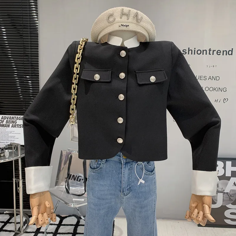 

Новинка, женская одежда, весна 2023, короткий пиджак контрастных цветов с длинным рукавом, элегантный комбинированный маленький костюм, пальт...