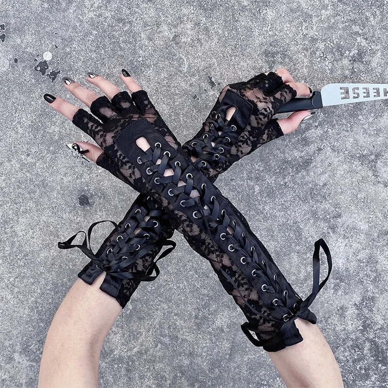 

Harajuku Style Black White Half Finger Long Glove Women Lolita Lace Stitching Buckle Strap Gothic Fingerless Cosplay Gloves
