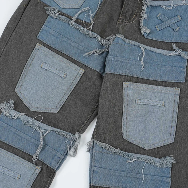 Men Vintage Denim Pants 2023 Streetwear Retro Patchwork Ripped Denim Pant Jeans HipHip Casual Joggers Trousers Jeans