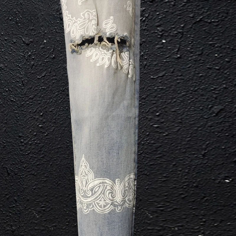 Street Fashion Men Jeans High Quality Retro Elastic Stretch Skinny Ripped Jeans Men Printed Designer Hip Hop Brand Pants Hombre