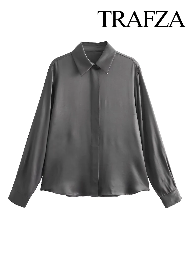 

TRAFZA New Fashion Woman Lapel Hide Single-Breasted Long Sleeves Shirt Autumn Women Casual Solid Color Loose Blouses Tops