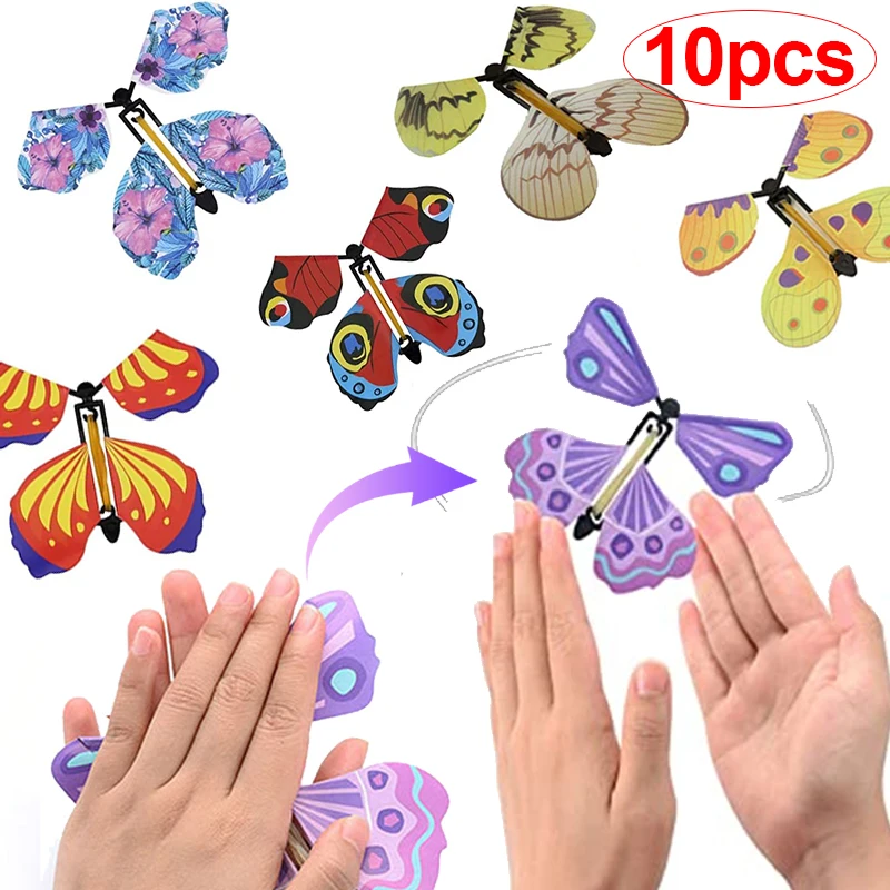 10PCS Magic Flying Butterfly Fairy Flying Toys Winding Rubber Band Wind Up Toy Color Butterfly Bookmark Surpris Gift Decoration
