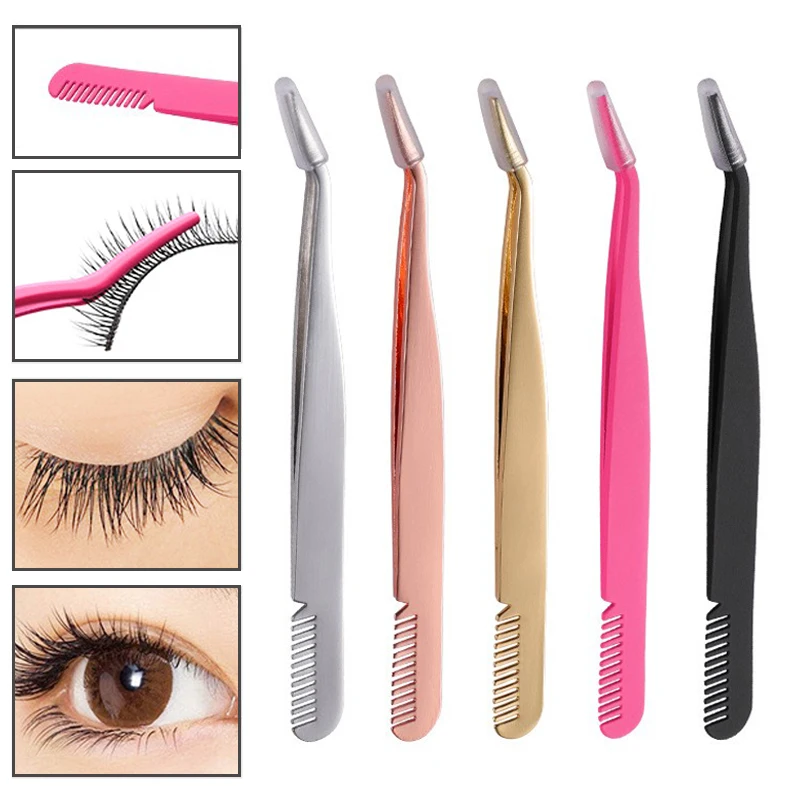

1pcs Stainless Steel Eyelash Tweezers with Comb False Eyelashes Applicator Volume Lashes Extension Clips Tweezer Makeup Tools