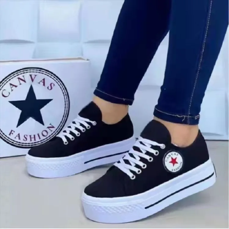 

2022 New Large Size High-top Canvas Shoes Thick-soled Platform Lace-up Collegiate Casual Sneakers