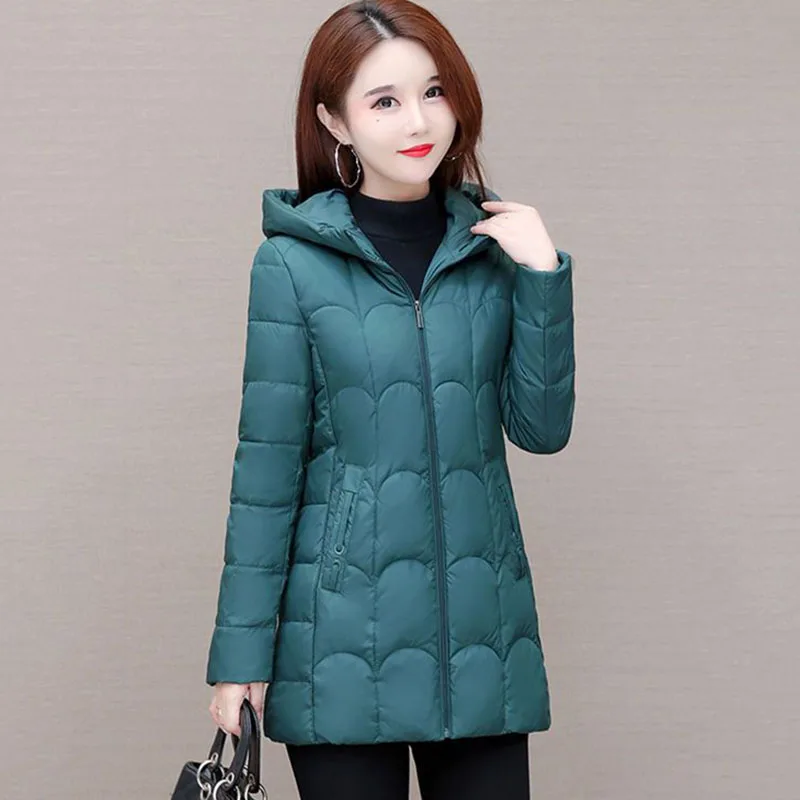 Новинка женский модный тонкий и свободный пуховик средней длины на утином пуху с