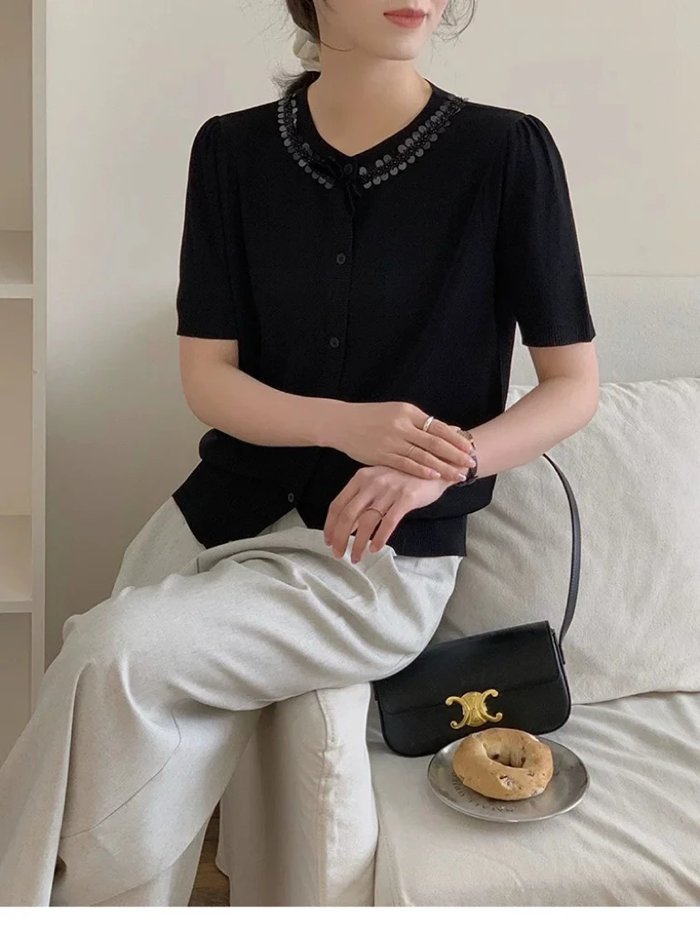 Женский флисовый вязаный кардиган с коротким рукавом и круглым вырезом