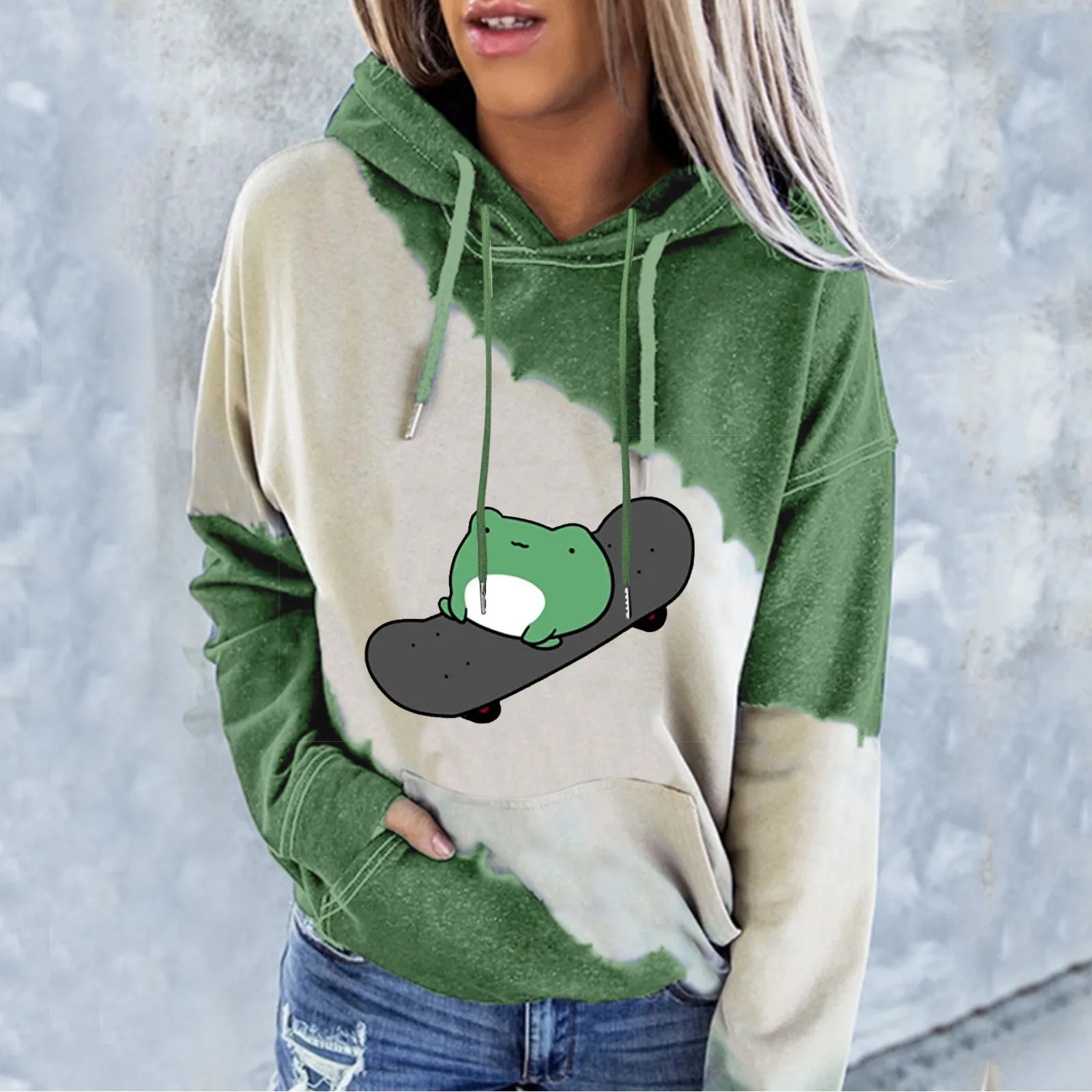 

Ladies outdoor leisure printing color matching ladies hooded long-sleeved top Running Shirt Women