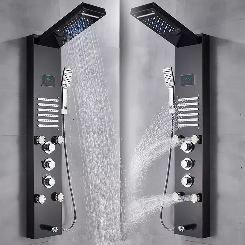

Luxury Black Brushed LED Bathroom Shower Faucet Pannel Systems Rain Mixer Tap Handheld Massage Temp Digital Display Screen