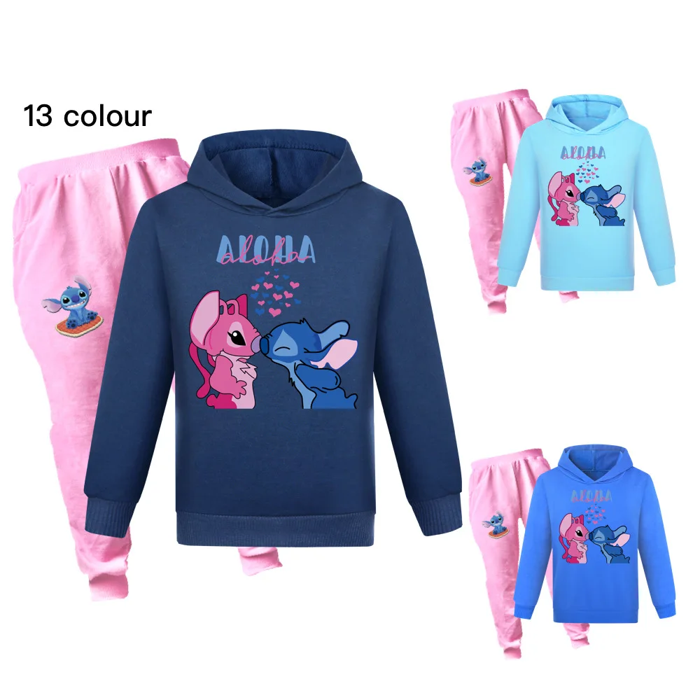 

2023 Spring Autumn Sportswear Children Hoodies+ Pants Girls Disney Stitch Costume Sport Suit for School Student Clothing Set