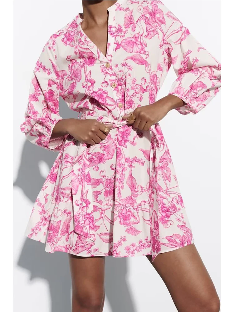 

RDMQ 2023 New Summer Women Solid Mini Dress With Belt Female Lantern Sleeve V-Neck Single Breasted Elegant Casual Loose Dress