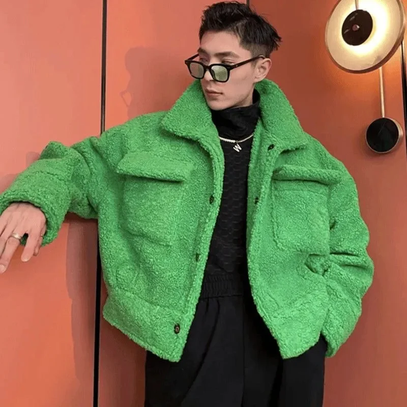 

Handsome Green Padded Jacket for Men Lamb Wool Thickened Winter Short Lapel Coat 2024 New Fashion Unisex High Street Bigh Top