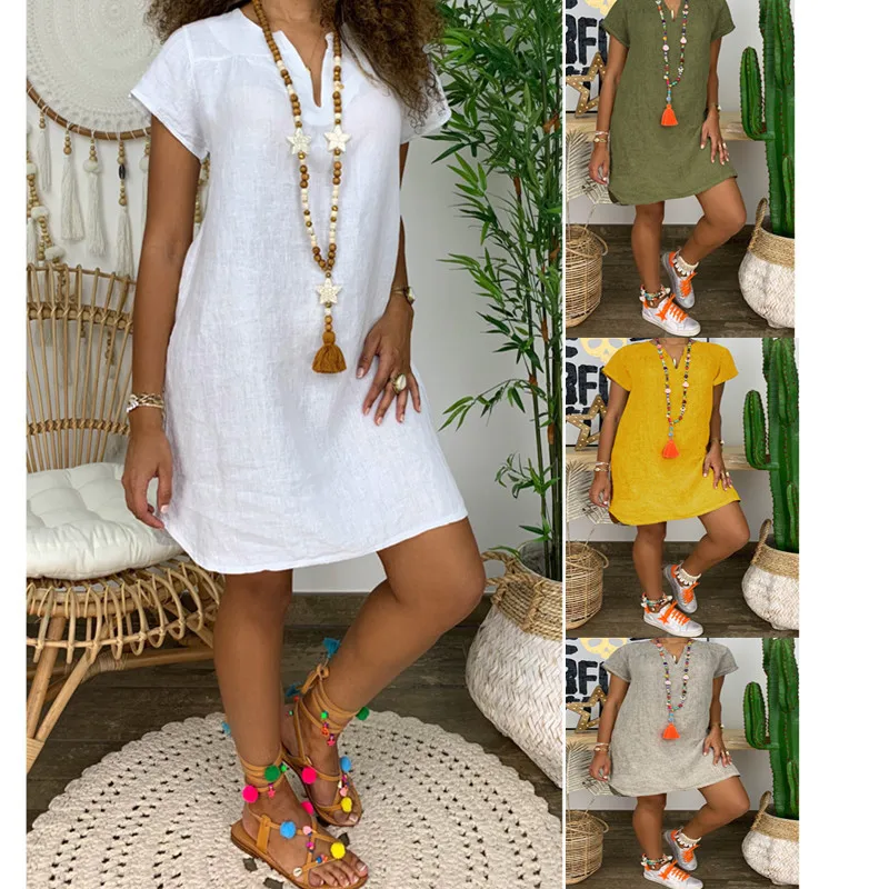 

Casual Women O Neck Dress SHORT Sleeve Cotton Linen Loose Knee-length Solid Color Dresses Summer
