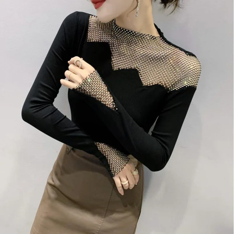

#5835 Black White Red Hollow Out Diamonds Sexy Skinny Basic T Shirt Women O-neck Long Sleeve T-shirts For Girls Knitted Cotton