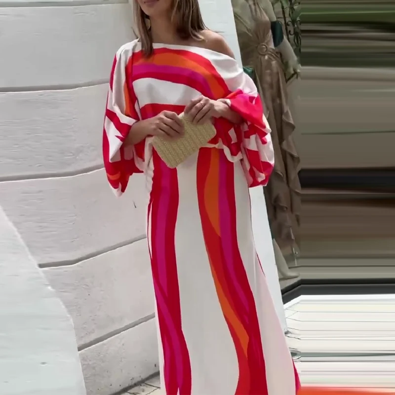 

Elegant Office Lady Long Skirt Two Piece Set Casual Off Shoulder Loose Top Suit Women's Fashionable Rainbow Stripe Shirt Outfits