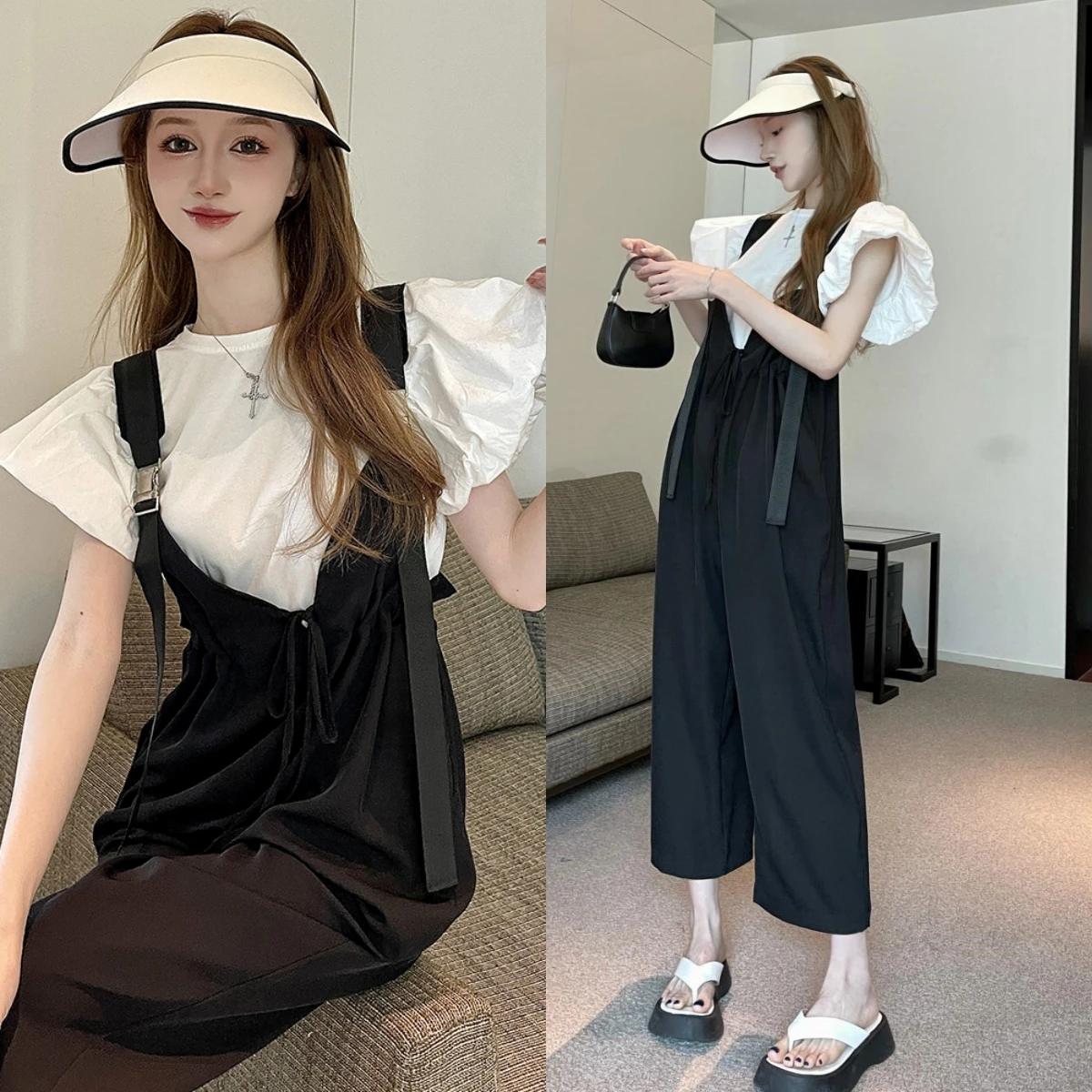 

Oversized Women 2023 Summer Age Reducing Strap Pants Show Korean Edition Set Fat MM Loose Hong Kong Style Two Piece Set High