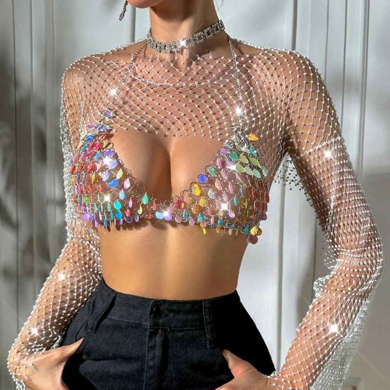 Сексуальный укороченный топ с длинными рукавами в сеточку со стразами и