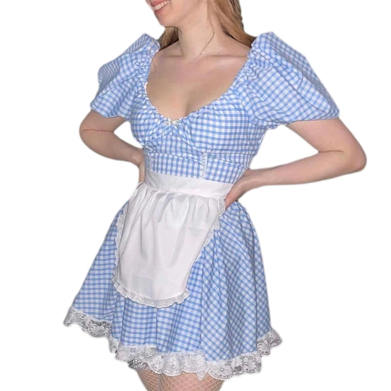 

Women Gothic Puff Short Sleeve Bowknot Plaid Print A-Line Lace Maid Mini Dress