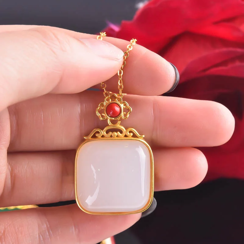 

High-end SquareJasper Pendant For Lady Anniversary Accessories Temperament S925 Clavicle Chain Women Jade Necklace Gold Jewelry