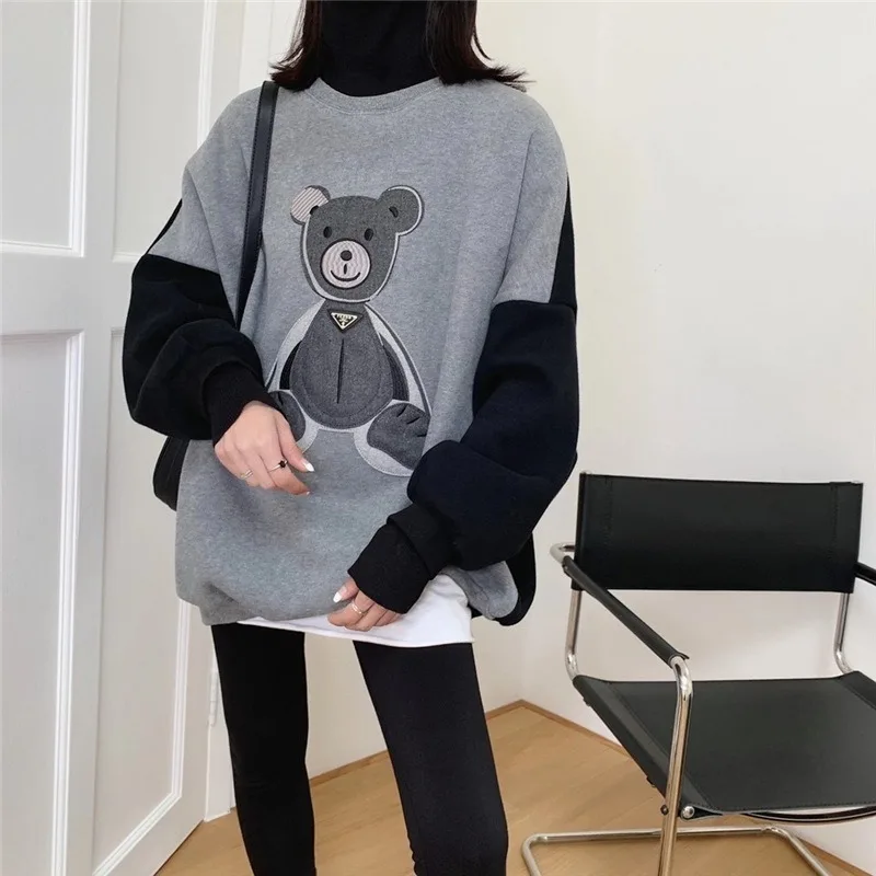 

2021 New Bear Pullover Women Spring Autumn Fashion Cartoon Sweatshirts High Collar Loose Casual Plus Size Sweatshirt Cottagecore