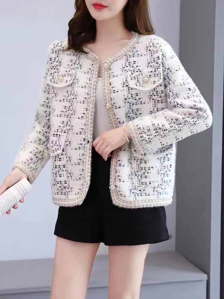 

Small Fragrance Waterproof Mink Cardigan Elegant 2022 Autumn Winter Black Jackets For Women Stand Long Sleeve Woolen Crop Coat
