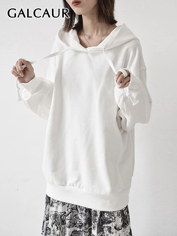 

GALCAUR Pure Color Pullover Sweatshirt For Female With Hat Long Sleeve Loose Women's Casual Sweateshirt Fashion 2022