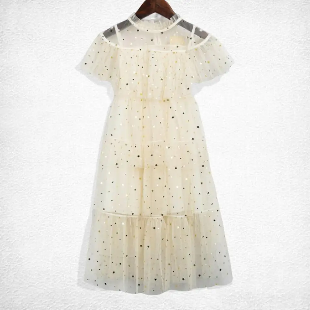 

Short Sleeve Shiny Star Shape Sequin Little Girls Dress Performance Clothing