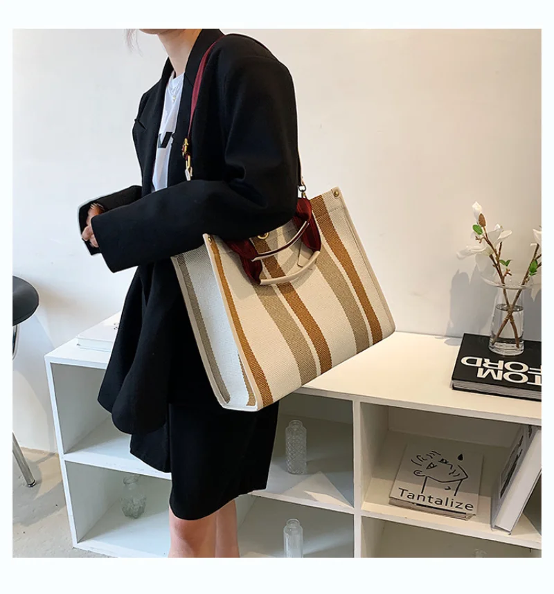 Luxury Designer Tote Bag Women's Large Capacity Shoulder Bag Messenger Bags Vintage Striped Female Bags Casual Canvas Handbags