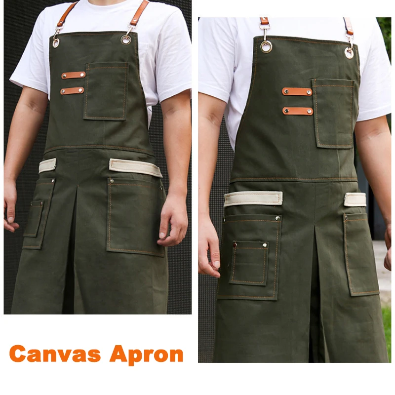 

Canvas Apron Waterproof Oil Resistant Multi-Pocket Bib Chef Stain Resistant Delantal Coffee Shop Hairdresser Nail Salon Apron
