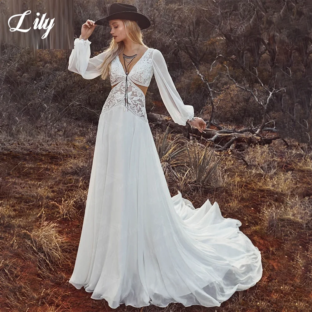 Купи Bohemian Chiffon A-Line Wedding Gown Long Sleeves Boho Lace Applique Court Train Deep V Neck Wedding Dresses Bridal Gown Custom за 5,390 рублей в магазине AliExpress