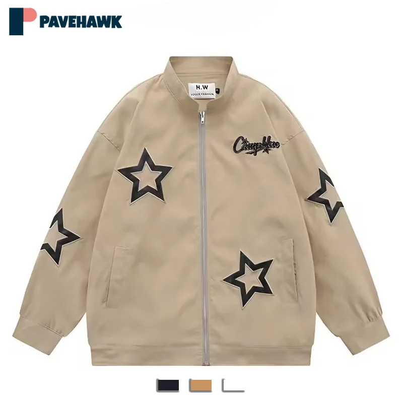 

Куртка-бомбер в стиле ретро для мужчин и женщин, бейсбольная уличная куртка со Звездной вышивкой, уличная одежда в стиле хип-хоп для пар, свободная осенняя одежда