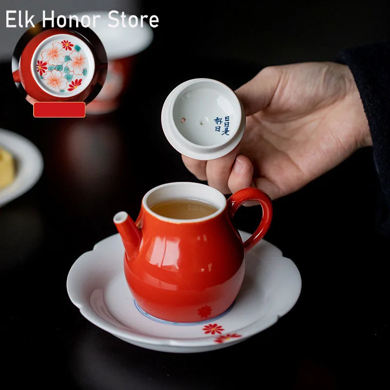 

120ml Boutique Crimson Red Galze Art Ceramic Teapots Hand Painted Diffuse Flowers Art Tea Maker Kettle Household Kung Fu Teaset