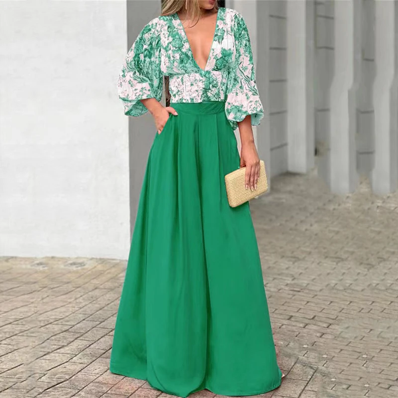 

Sexy Deep V Neck Hollow Top and Wide Leg Trousers Outfits Women Spring Floral Print Lantern Sleeve Blouse Suit Autumn Loose 2pcs