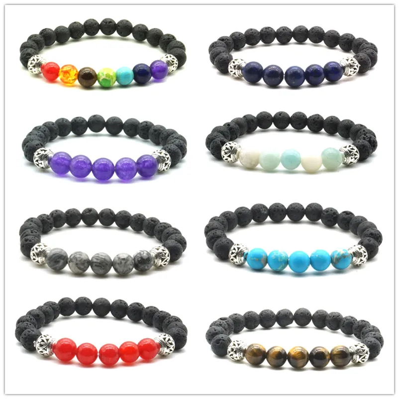 

10pcs Hearts Seven Chakras Stone 8mm Black Lava Beads Bracelets DIY Essential Oil Perfume Diffuser Bracelet Stretch Yoga Jewelry