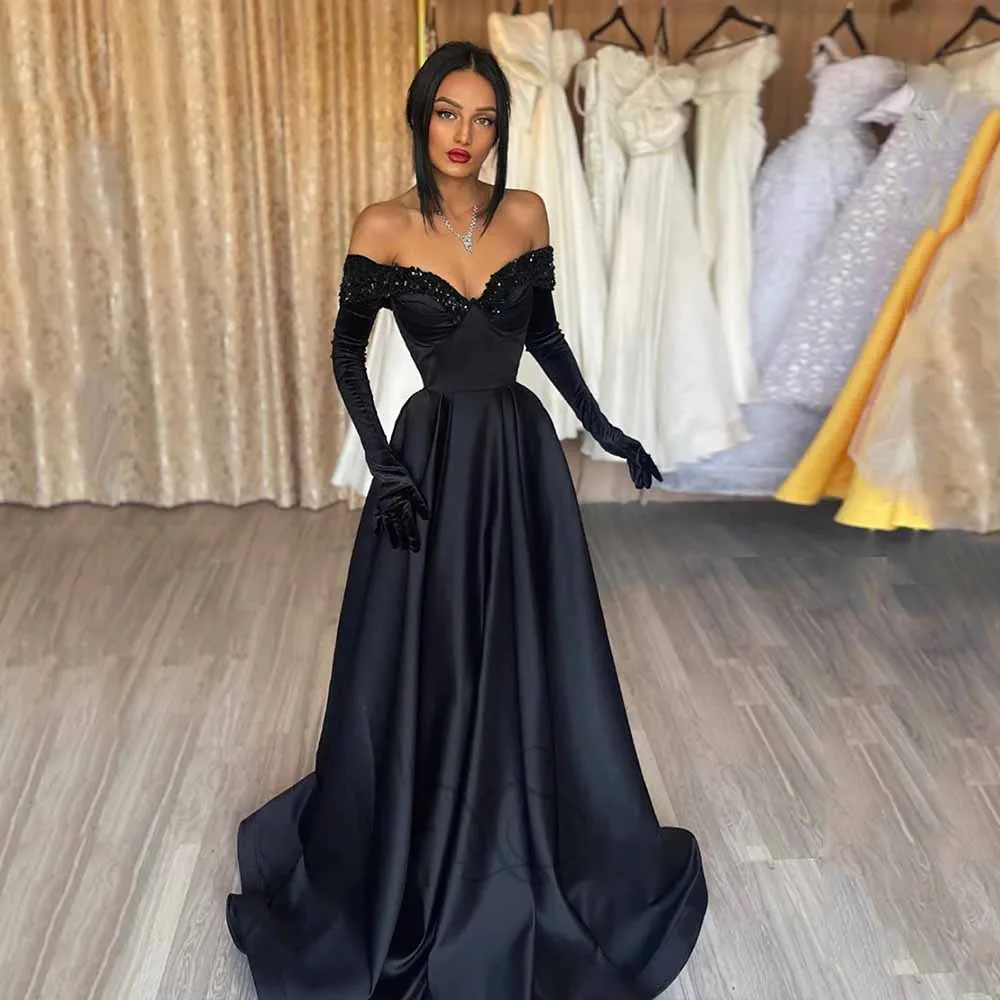 

Black Modern Evening Dresses For Women V-Neck Full Sleeves Prom Gowns Satin With Beading Sweep Train فساتين مناسبة حسب الطلب