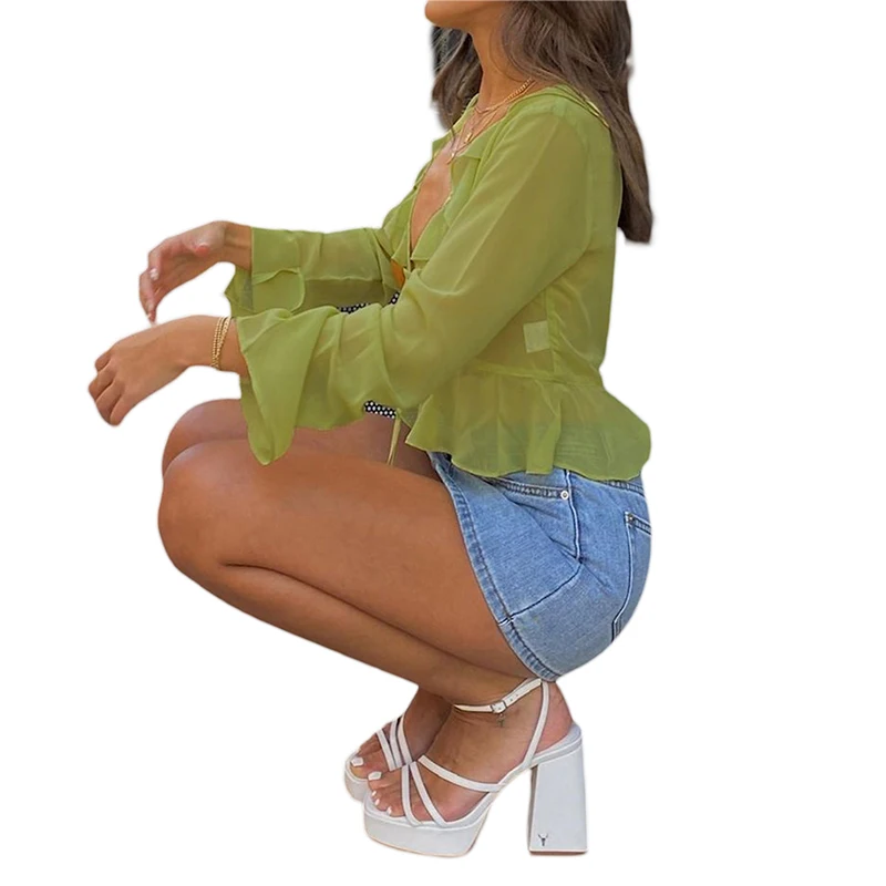 Women Sheer Crop Tops Long Flared Sleeve Deep V Neck Pleated Hem for Summer Pub Clothing