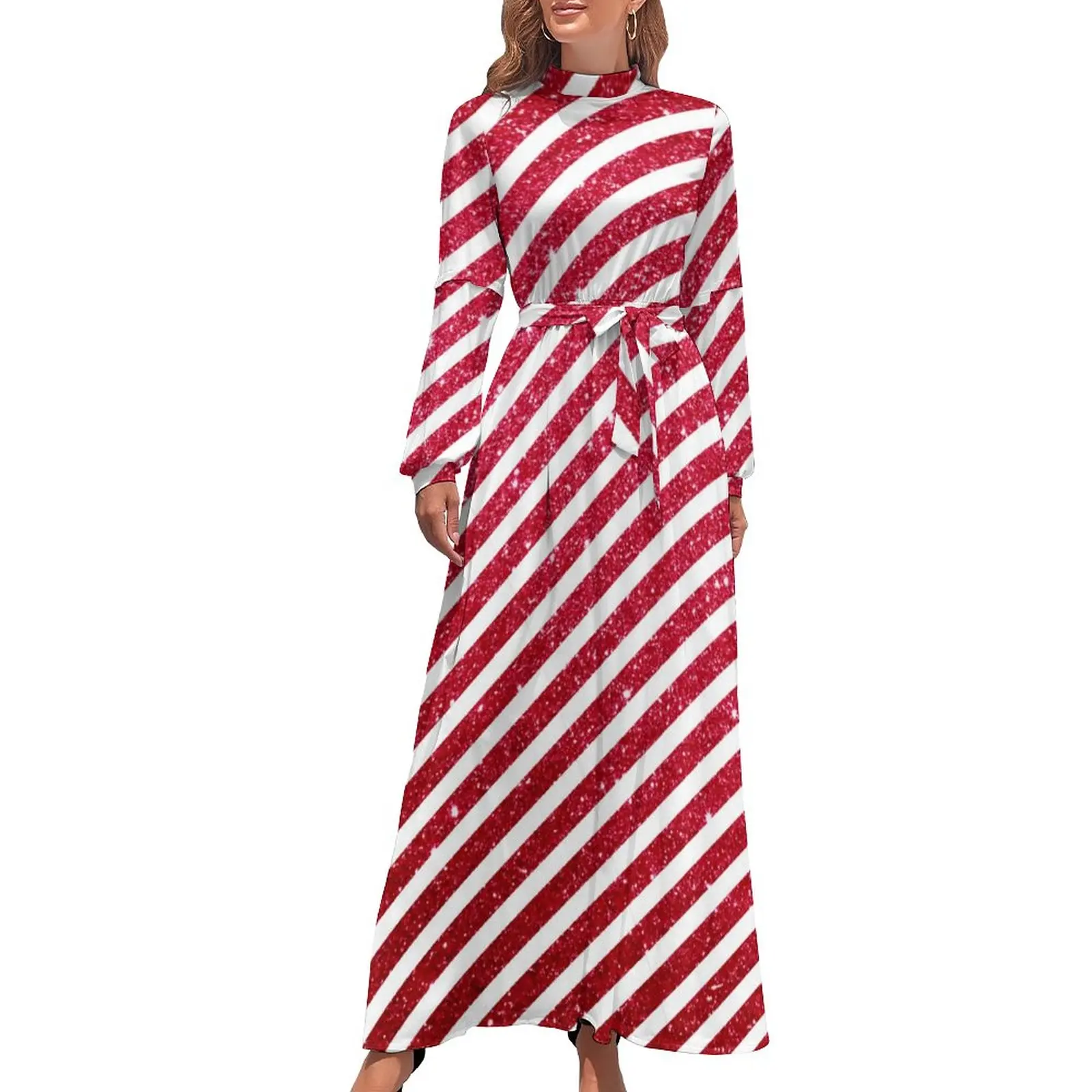 

Christmas Dress Long Sleeve Glitter Stripped Print Elegant Maxi Dress High Neck Korean Fashion Pattern Beach Long Dresses Gift