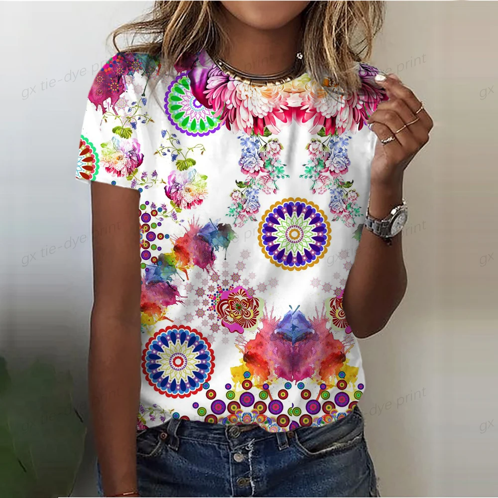 

2023 Summer 5XL Women's T-Shirt Vintage Casual Bohemian Fashion O Neck Pullover Printed Loose Daily Tops Design Clothes