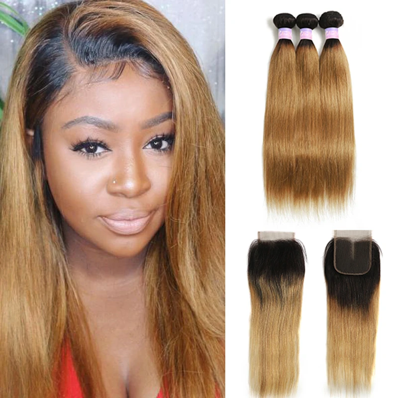 Brazilian Straight Human Hair Bundles With Closure 4x4 Ombre Honey Blonde Human Hair Weave 3 Bundles With Lace Closure Kemy Hair