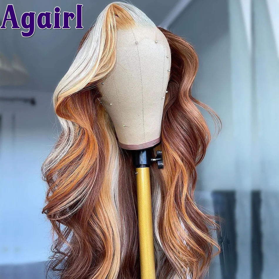 

Transparent 13X6 Lace Frontal Wig Highlight Brown with Blonde Colored Body Wave Human Hair Wigs for Women PrePlucked 180% Agairl