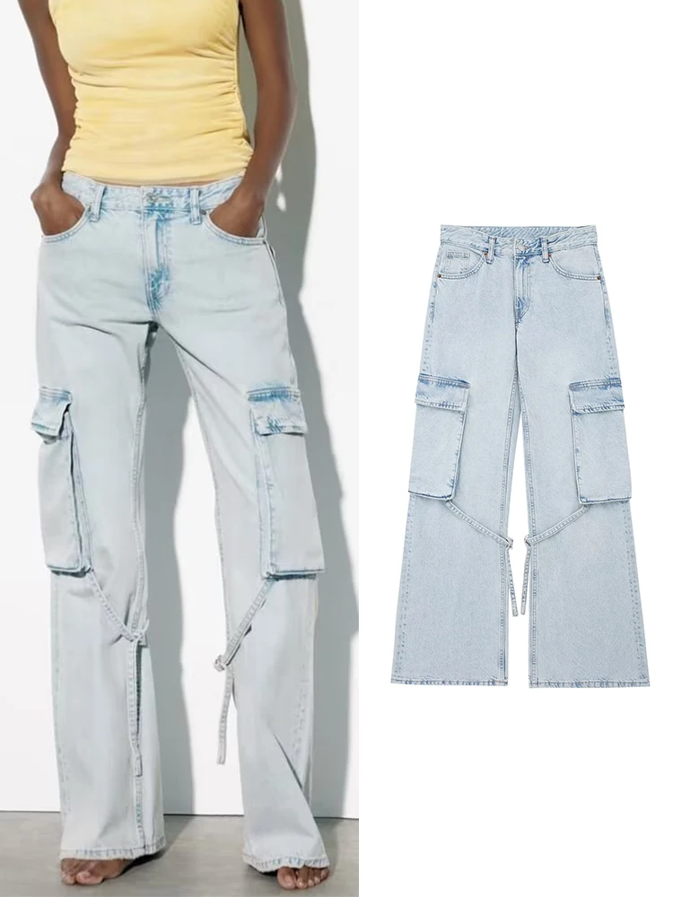 

Cargo Jeans Women Pale Blue Wide Leg Jeans Woman Mid Waist Denim Trousers Spring Loose Casual Jeans for Women Pants