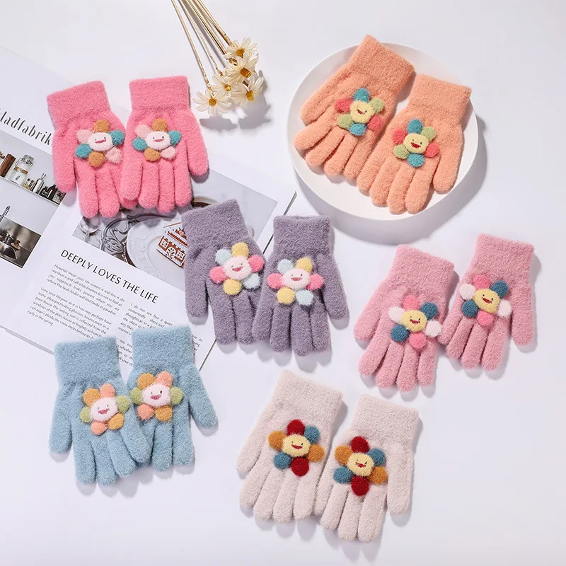

Children's Warm Gloves Plus Velvet Thickening Cute Sunflower Cute Baby Kindergarten Primary School Students Gloves 3-8Years