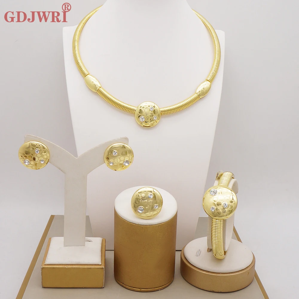 Trend Dubai Gold Color Italy Plated Jewelry Set For Women Simple Round  Necklace Sets Banquet Party Wedding Accessories