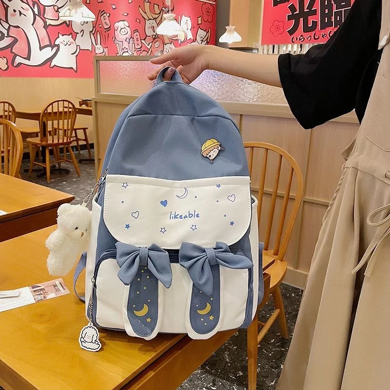 

2023 New Cute Rabbit Ear Student Schoolbag Girl Bowknot Large Capacity Backpack Fresh Print Campus Backpack Hot Sale