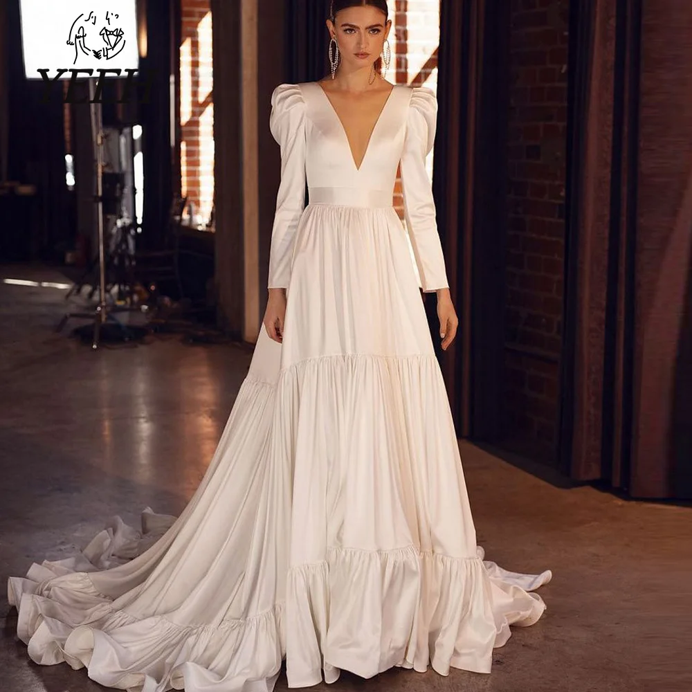 

Простое свадебное платье YEEH с V-образным вырезом и оборками, элегантное женское плиссированное платье со шлейфом